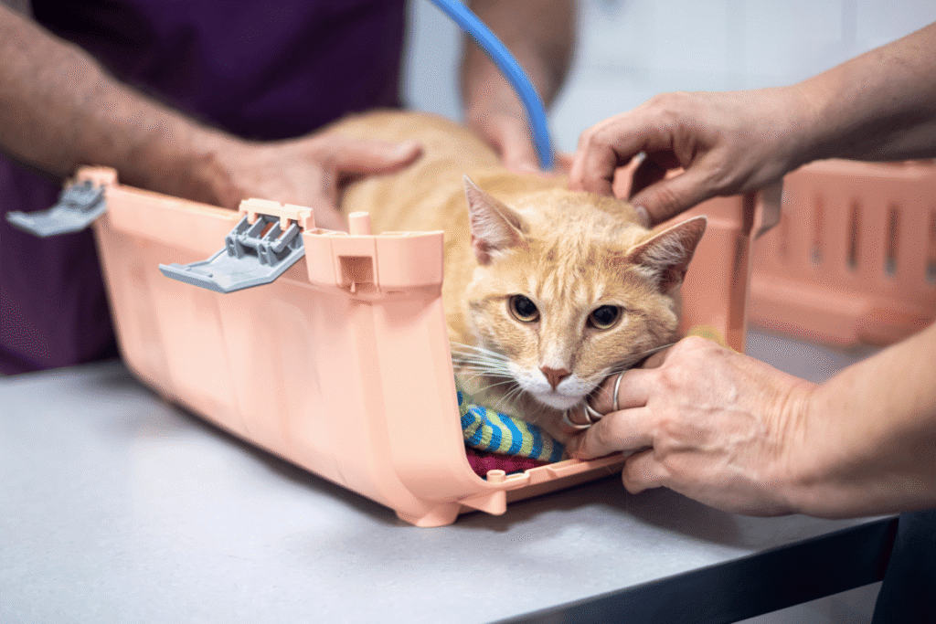 14-Katze-in-Transportbox-Tierarzt Hettenleidelheim (1) Eine orangene Katze wird abgehört, während sie in einer lachsfarbenen Transportbox sitzt